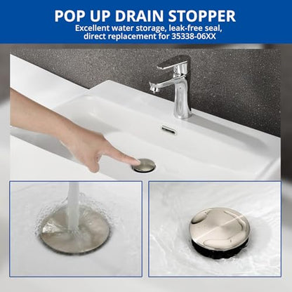 972-098J Brushed Nickel Bathroom Sink Push & Seal Pop Up Drain Stopper | Sealed and Durable 35338-06XX