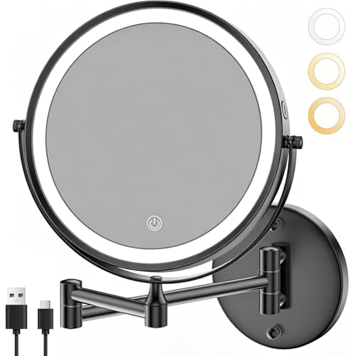 8.5" Wall Mounted Lighted Makeup Mirror, 3000 mAh Rechargeable Double-Sided 1X 10X Magnifying Mirror, 3 Color Lighting, Touch Screen Dimming, Extended Arm 360 Rotation Bathroom Mirro, Black - color: Black Wall-mounted
