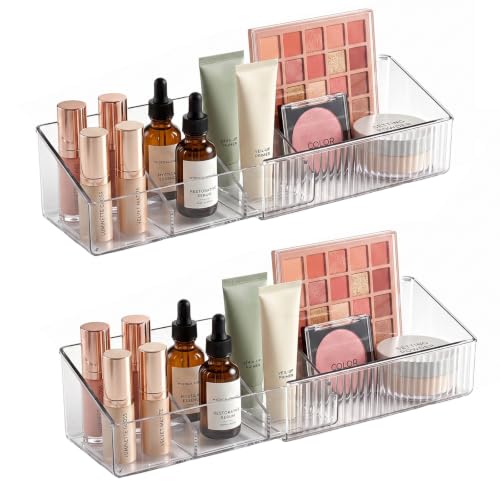 JessLab Expandable Mirror Cabinet Organizer, Clear Adjustable Makeup Bin with Dividers, Skincare Storage, Cosmetic Display Case for Bathroom Vanity Drawer, 2 Pack