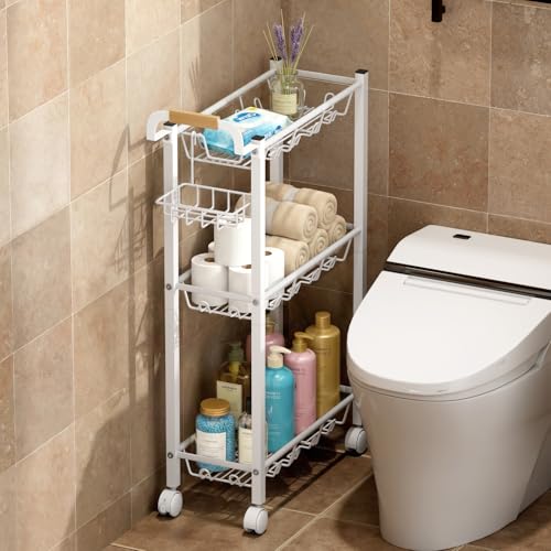 AOODA Laundry Room Cart with Top Detergent Holder, Metal Rolling Storage Cart Between Washer and Dryer, 3 Tier Narrow Laundry Room Organization and Storage with Wheels (White) - color: Arctic White