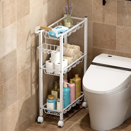 AOODA Laundry Room Cart with Top Detergent Holder, Metal Rolling Storage Cart Between Washer and Dryer, 3 Tier Narrow Laundry Room Organization and Storage with Wheels (White) - color: Arctic White