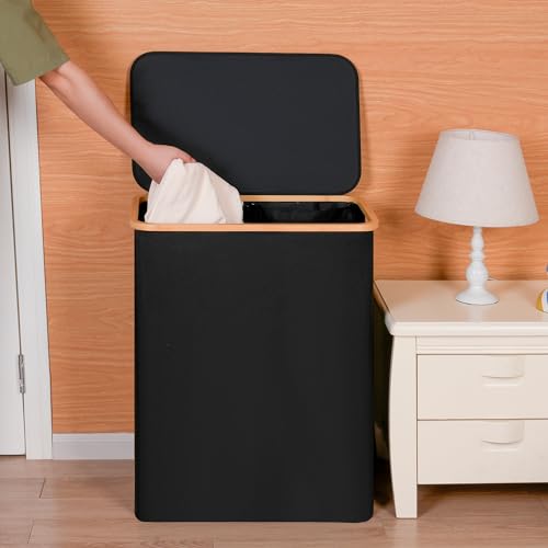 efluky Double Laundry Hamper with Lid, Divided Laundry Hamper with Removable Bags, 2 Section Dirty Clothes Basket with Handles for Bathroom, Bedroom & Laundry Room, 160L Black - color: Black, size: 160L