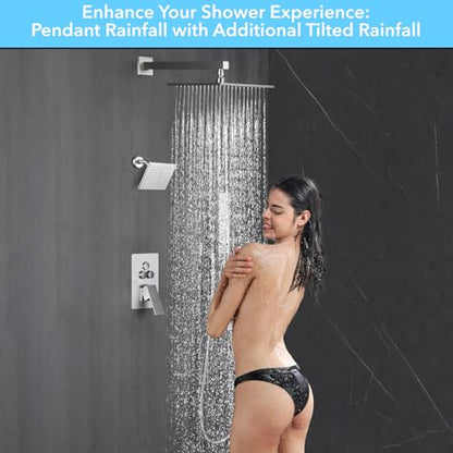 VANFOXLE Shower Faucet Set Brushed Nickel Shower System,Modern | Push Button Diverter,10 Inch Wall Mount Rain Head Increased Thick, 6 Inch Side Head, 2-in-1 Handheld Sprayer - color: Brushed Nickel