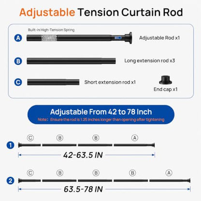 ALLZONE Adjustable Tension Curtain Rod, 42 to 78 Inches, Spring Loaded Curtain Rods No Drilling, Renter Friendly Tension Rod for Windows, Shower, Closet, No Drill, Non-Slip, Black - color: Black, size: 42-78 Inches