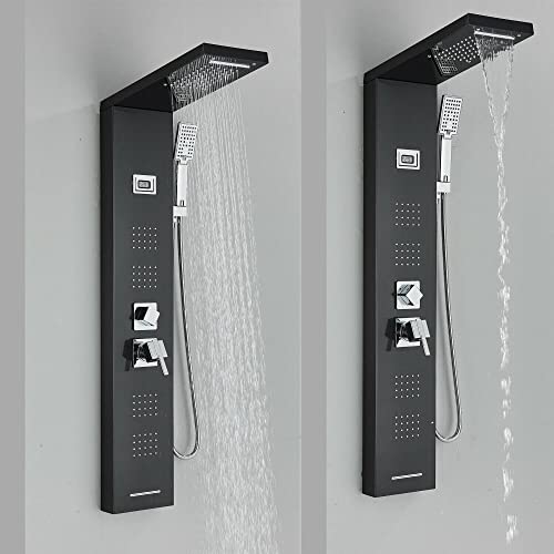 Black Shower Panel Tower Massage Body Jets System Rain Waterfall Mixer Hand Shower