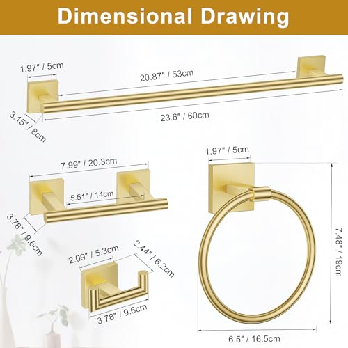 Brushed Gold Towel Bar Set, 5 Pieces Double Dase Toilet Paper Holder Bathroom Hardware Set, 23.6 Inch Stainless Steel Towel Racks for Bathroom Wall Mounted - color: Brushed Gold, size: 5pieces C