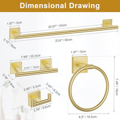 Brushed Gold Towel Bar Set, 5 Pieces Double Dase Toilet Paper Holder Bathroom Hardware Set, 23.6 Inch Stainless Steel Towel Racks for Bathroom Wall Mounted - color: Brushed Gold, size: 5pieces C