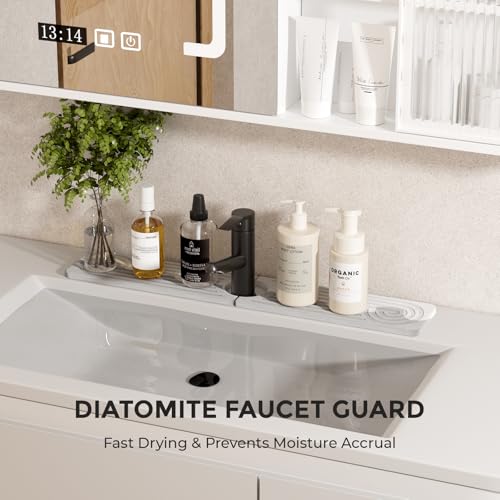 Quick Dry Sink Splash Guard - 15.8" Quick Drying Diatomite Earth Faucet Mat | Faucet Mat for Kitchen Sink, Water Absorbent Diatomaceous Earth Stone Sink Tray for Bathroom Counter - White
