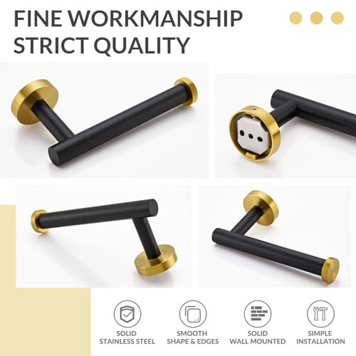 Toilet Paper Holder, Black & Gold, 304 Stainless Steel | Open-Side Roll Access, Raised End Stop, Space-Saving Design, Modern Bathroom Refresh, Small Bath & Guest Bath Use - color: Black & Gold