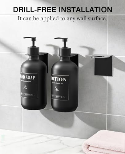 Luxspire 17oz Shampoo and Conditioner Dispenser 3 Sets for Bathroom, Black | Matte PET bottle, no-drill stainless bracket, detachable pump, dual wall/counter install with classification stickers - color: Matte Black