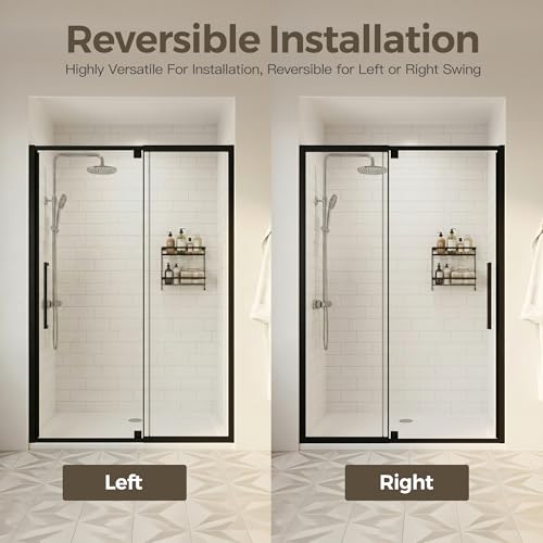 44-48" W x 72" H Pivot Shower Doors, Semi-Frameless Swing Glass Shower Doors Water Repellent, with 1/4" (6mm) Clear SGCC Tempered Glass, Reversible Installation, Matte Black Finish | 1/4" (6mm) Clear SGCC Tempered Glass with a 24.8" walk-in opening, Matte