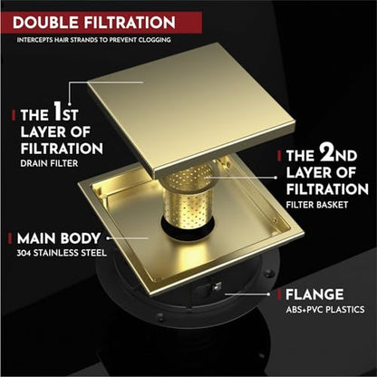 6 Inch Square Shower Drain Gold Floor Drain with Flange Reversible 2-in-1 Cover Tile Insert Grate Removable SUS304 Stainless Steel CUPC Certified Brushed Gold - color: Brushed Gold, size: 6 Inch