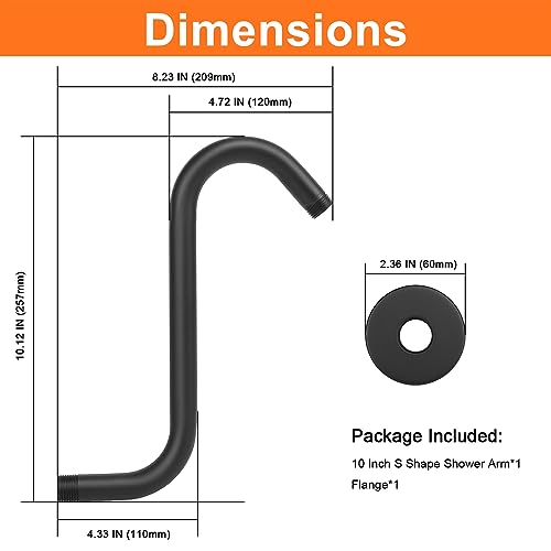 S Shaped Shower Arm, High Rise Shower Head Extension Pipe Standard 1/2" Connection with Flange, Awesome Shower Experience-Stainless Steel Bathroom Accessory(10 Inch S Shape, Matte Black) - color: Matte Black, style: 10" S Shape