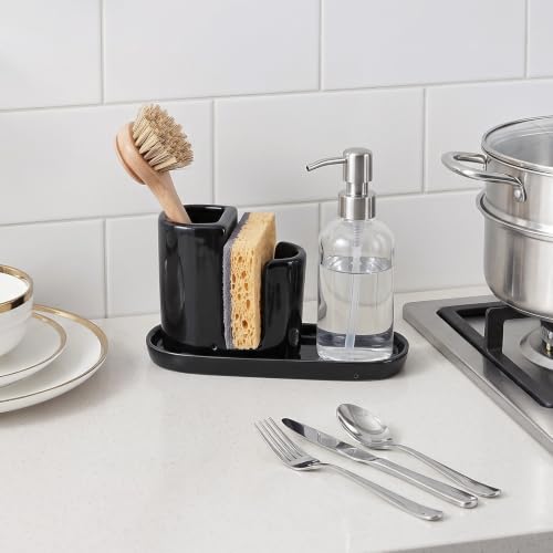 Ceramic Kitchen Sink Caddy Sponge Holder and Dish Brush Holder and Soap Tray for Kitchen Sink Organizer, Black - color: Black