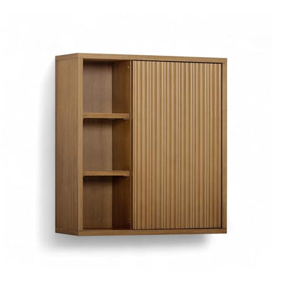 Teamson Home 22″ Wide Bathroom Wall Cabinet with Open Compartments & 1 Door with Fixed Interior Shelf, Wall Mounted Medicine Cabinet with Wooden Bracket for Mounting, Fluted Finish in Natural Tone | Open Compartments, 1 Door with Fixed Interior Shelf, Woo