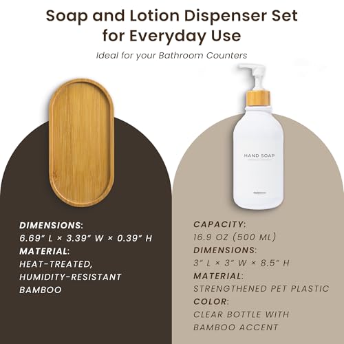 MaisoNovo Soap Dispenser Bathroom Set of 2-16.9 oz Bathroom Soap Dispenser Set - White Plastic Bottles x 2 with White Bamboo Pumps & Tray - color: White Bottles White Pumps