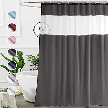 UFRIDAY Dark Gray Shower Curtain with White Mesh Top Window, Heavy Duty Fabric Bathroom Curtain Set with Weighted Bottom Hem, Water Repellency and Easy Care, 72x84 Inches, Extra Long - color: Dark Gray, size: 72"W x 84"L (Pack of 1)