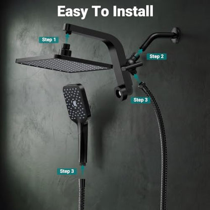 12" XXL Rainfall Shower Head with Handheld Combo Set, Matte Black | High Pressure, Magnetic Docking, Air-Infusion Tech, Anti-Leak One-Piece Design, Dual Square Showerhead - color: Matte Black