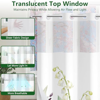 No Hook Shower Curtain and Liner, Farmhosue Machine Washable Waterproof Shower Curtain with Mesh Top Window and Weighted Hem, Spring Garden Floral Shower Curtains for Bathroom, 71" W x 74" L - color: Lush Greenery