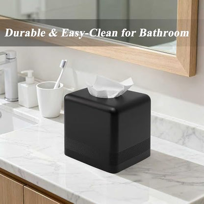 Resin Tissue Box Cover, Modern Square Holder, Black | Black resin tissue box cover with modern square design and silicone feet for bathroom vanity, office desk, and living room - color: Black