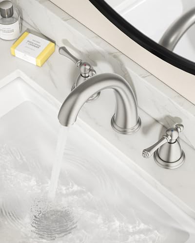 FORIOUS Bathroom Faucet 3 Hole Widespread 8" Sink Faucets Brushed Nickel | 3-hole 6-12 Inch Widespread Sink, 2 Lever Handle, with Drain and Hoses,for Vanity Rv Commercial Lavatory Restroom Farmhouse - color: Stainless Steel, style: Classic