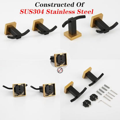GERZWY Bathroom Double Coat Hook 2 Pack Stainless Steel Towel Hook Wall Mounted Clothes Hook for Bath Kitchen Black & Gold