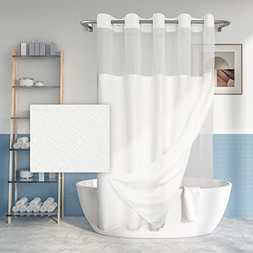 River Dream Long No Hook Slub Textured Shower Curtain with Snap-in PEVA Liner Set - 71" x 77"(75"), Hotel Style with See Through Top Window, Fabric Curtain & Waterproof Liner, White, 71x77 | Snap on/off Waterproof PEVA Liner, See Through Top Window, Slub