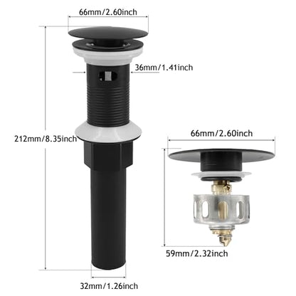 Bathroom Sink Drain,Drain Stopper Bathroom Sink with Overflow,Pop Up Drain Assembly with Detachable Strainer Basket,Built-in Anti-Clogging, Stainless Steel Nut Mattle Black - color: Matte Black-big Cap, style: With Overflow