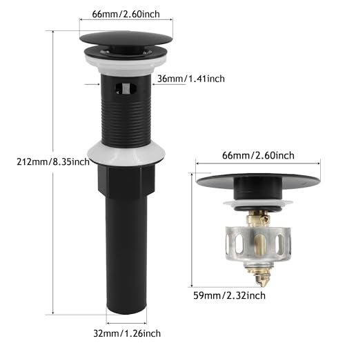 Bathroom Sink Drain,2 Pack Drain Stopper with Overflow,Pop Up Drain Assembly with Detachable Strainer Basket,Built-in Anti-Clogging, Stainless Steel Nut Mattle Black - color: 2 Pack-matte Black-big Cap, style: With Overflow