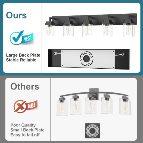 Matte Black Bathroom Light Fixtures, Modern Vanity Lights with Clear Glass Lamp Shade, Bathroom Lighting Fixtures Over Mirror, Restroom Vanity Lighting Fixture, 5-Light 36 Inch - color: Blakc, size: 5-Light