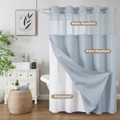 Colorful Star No Hook Shower Curtain with Snap in Fabric Liner, Waffle Weave Heavy Duty Thick Shower Curtains with Mesh Top Window, Hotel Style Waterproof Bathroom Curtain Set, 72 x 75 Inch, Fog Blue - color: Fog Blue, size: 72"W x 75"L (Pack of 1)