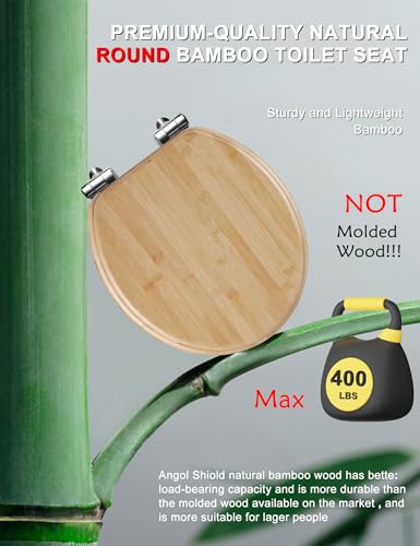Angol Shiold ROUND Bamboo Wood Toilet Seat Soft Close 16.5Inch | Zinc Alloy Strong Hinges, Light, Easy to Install & Clean, Up to 400 lbs (Round 16.5", Natural Bamboo) - color: Soft Close, size: Round -16.5"