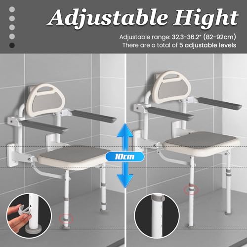 NEWTRY 18” Folding Shower Seat Wall Mounted 330lb Adjustable Height | Fold Down Shower Seat with Armrests & Back for Home Care Seniors Disabled, Padded Seat and Back, for Bathroom Inside Shower