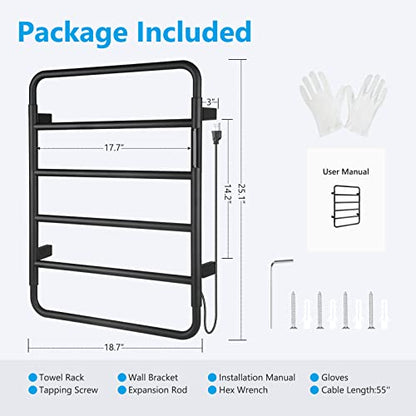 VJASS Heated Towel Rack for Bathroom, 4 Bar Stainless Steel Electric Towel Warmer with Built-in Timer, Dual Hardwired & Plug-in Wall Mounted Installation (Matte Black) - color: Matte Black