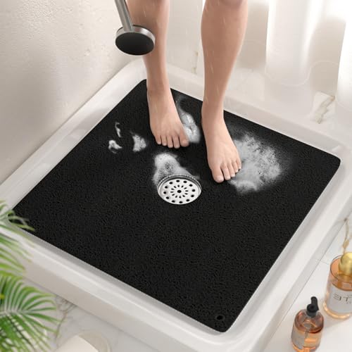 HITSLAM Square Loofah Shower Mat, 24x24 Inch Non Slip Bath Mat, Black | Cushioned PVC Bathtub Mat Without Suction Cups, Quick Drying With Middle Drain Hole, Hanging Holes For Easy Storage - color: Black, size: 21" x 21" (Square)