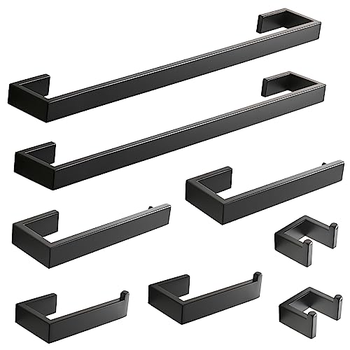 Fapully 8 Piece Bathroom Hardware Accessories Set Matte Black | Stainless Steel, Wall Mounted,24'' Towel Bar - color: Matte Black, style: 8 Piece