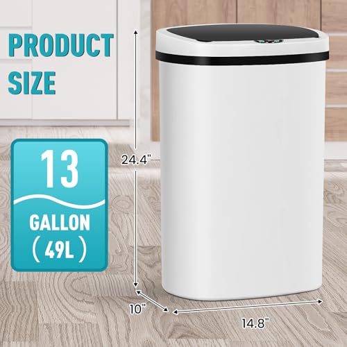 13 Gallon Automatic Kitchen Trash Can with Lid, Touchless Motion Sensor Garbage Can - Hygienic, Odor Control, Waterproof Waste Bin for Kitchen Bathroom Bedroom Office (50L), PP Plastic, White - color: White