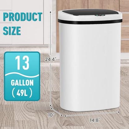 13 Gallon Automatic Kitchen Trash Can with Lid, Touchless Motion Sensor Garbage Can - Hygienic, Odor Control, Waterproof Waste Bin for Kitchen Bathroom Bedroom Office (50L), PP Plastic, White - color: White