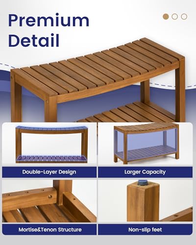 Upolana Teak Shower Bench, 32" Solid Wood Shower Stool for Inside Shower to Sit On, Wooden Bathroom Shower Seat Waterproof