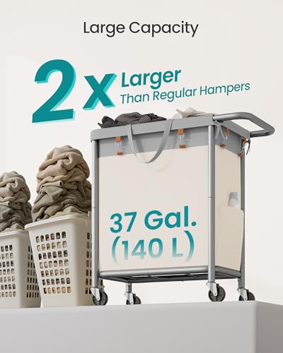 SONGMICS Laundry Basket with Wheels, 2-Section Rolling Laundry Hamper, 37 Gallons (140 L), Removable Liner, Steel Frame with Handle, 27.2 x 15.4 x 31.9 Inches, Dove Gray and Cream White URLS004GD02 - color: Dove Gray + Cream White, size: 140 L (2-Section)