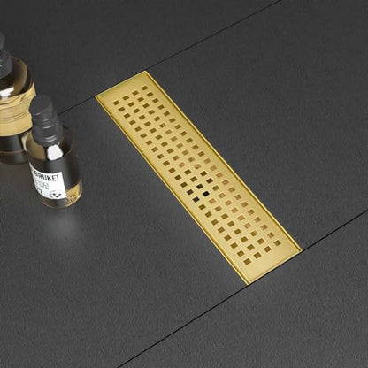 SaniteModar Linear Shower Drain 12 inch Brushed Gold with Square Hole Panel | AISI 304 Stainless Steel Brushed Gold Linear Dain Rectangle Shower Floor Drain with Hair Strainer and Leveling Feet - color: Brushed Gold, size: 12 Inch