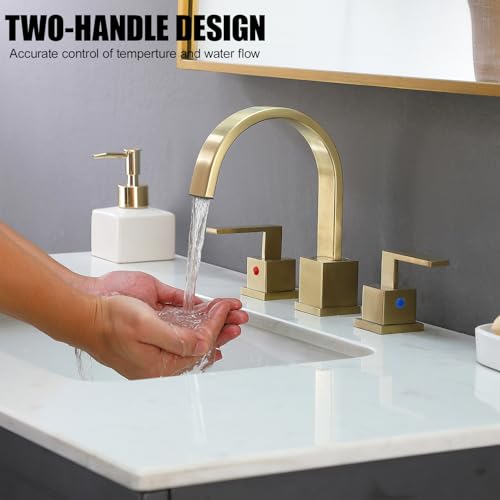 Gold Bathroom Faucet, Brushed Gold Faucets Bathroom 3 Hole 8inch Widespread Waterfall 2 Handle Brass Faucets Bath Sink Vanity Faucet with Pop Up Drain and Supply Lines - color: Gold