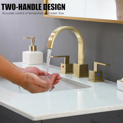 Gold Bathroom Faucet, Brushed Gold Faucets Bathroom 3 Hole 8inch Widespread Waterfall 2 Handle Brass Faucets Bath Sink Vanity Faucet with Pop Up Drain and Supply Lines - color: Gold