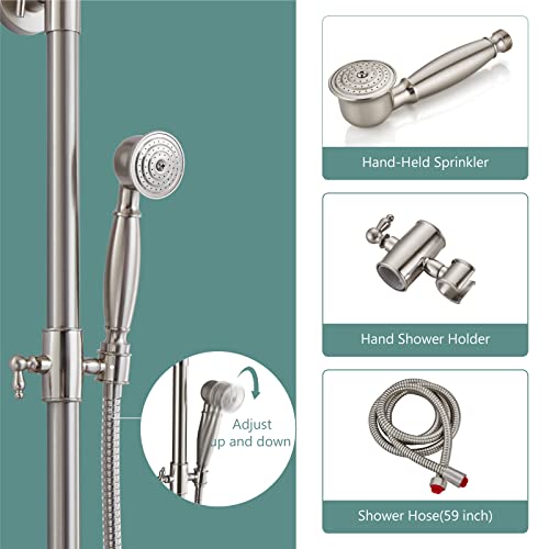 Heyalan Dual Shower System, 8 Inch Rain Head, Handheld,Brushed Nickel | Dual shower system with 8 inch rain head, handheld sprayer, exposed pipe design, two-handle control, and brass body. - color: Brushed Nickel