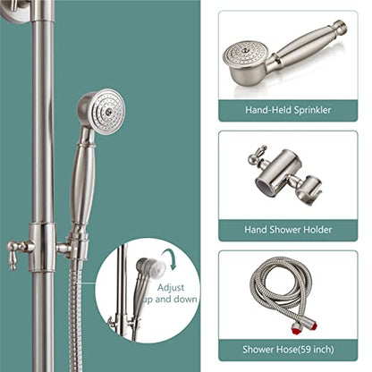 Heyalan Dual Shower System, 8 Inch Rain Head, Handheld,Brushed Nickel | Dual shower system with 8 inch rain head, handheld sprayer, exposed pipe design, two-handle control, and brass body. - color: Brushed Nickel