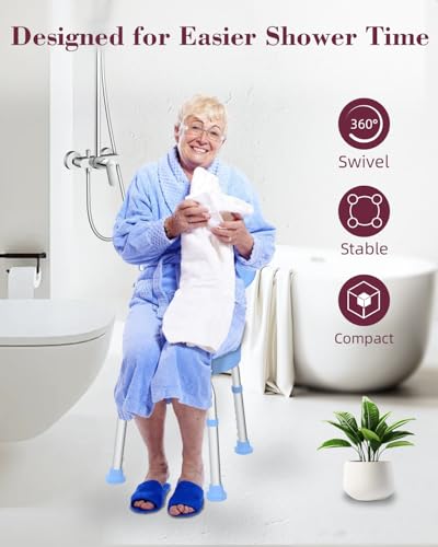 Swivel Shower Chair with Back, 360° Height Adjustable Shower Stool, Compact Space-Saving Design for Small Showers, Non-Slip Bathroom Chair for Seniors & Elderly (Blue) - color: Blue
