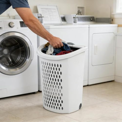 Plastic Laundry Basket, Clothes Hamper with Lid & Wheels, Dirty Clothes Hamper with Handle for Laundry room, Bathroom, Dormitory, White