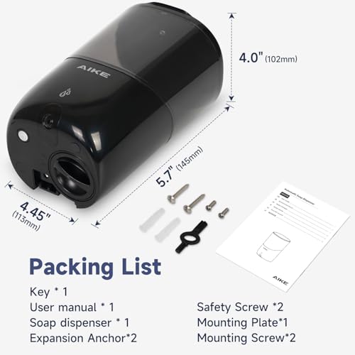 AIKE Liquid Automatic Soap Dispenser,Power by 4*AA Batteries for Bathroom | 5-level adjustable for Home and Small Business(Batteries Not Included),No-Drill and Screw Wall Mount for Space-Saving,AK1216 - color: Black