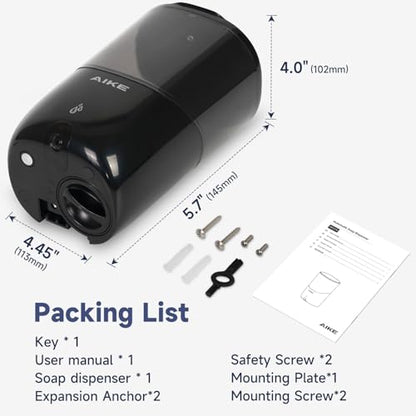 AIKE Liquid Automatic Soap Dispenser,Power by 4*AA Batteries for Bathroom | 5-level adjustable for Home and Small Business(Batteries Not Included),No-Drill and Screw Wall Mount for Space-Saving,AK1216 - color: Black