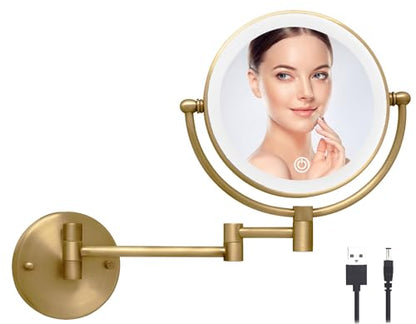 Wall Mounted Makeup Mirror with Light and Magnification 10X, Antique Brass | 8" Bathroom Double Sided Magnifying Vanity, Touch Dimmable, Extended Arm 360 Rotation Foldable Shaving, Brushed, Rechargeable - color: Antique Brass